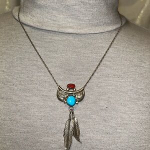 ES Vintage Navajo 925 Silver Turquoise and Coral Pendant Necklace.